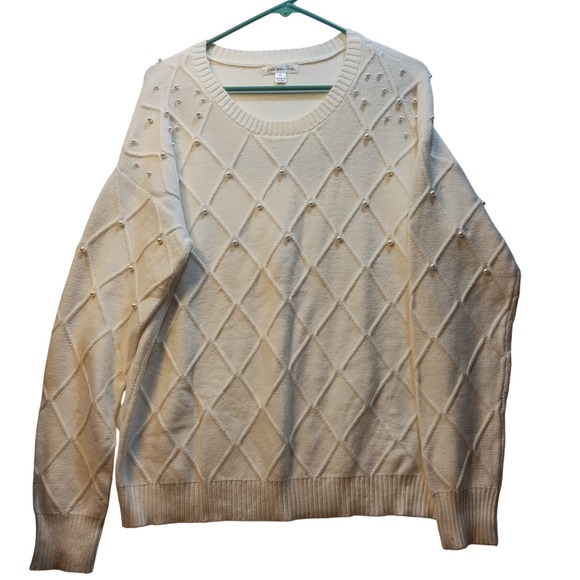 JohnPaulRichard Sweaters - John Paul Richard Women's Cream Pearl Embellished Diamond Knit Sweater Size L